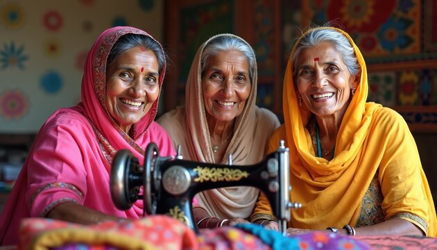 Three senior Indian women smile happily at sewing machine. Wear colorful traditional clothes, working together on textiles. Artisans represent rural craft, community, female entrepreneurship in