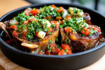 Succulent braised beef short ribs with fresh herb garnish in cast iron skillet