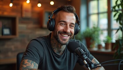 Smiling man with tattoos wearing headphones. He sits at microphone recording podcast in cozy studio. Broadcaster talks into mic. Audio equipment setup for live show or interview.