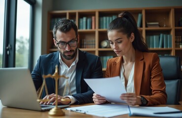 Lawyers collaborate reviewing legal documents on laptop in professional office setting. Focused professionals analyze contracts paperwork discussing strategy. Serious business meeting legal