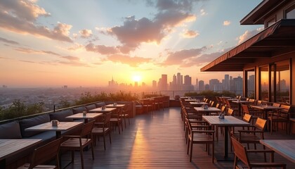 Rooftop cafe terrace offers expansive city views at sunset. Empty tables, chairs await guests. Warm sun casts long shadows across wooden deck. Ideal setting for romantic dinners or quiet relaxation.