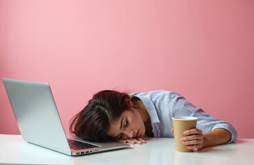 Young sleepy woman worker rests head on table near laptop. Holds coffee cup, feeling extreme exhaustion, lack of sleep. Female needs energy, caffeine to combat fatigue at office desk. Overworked girl
