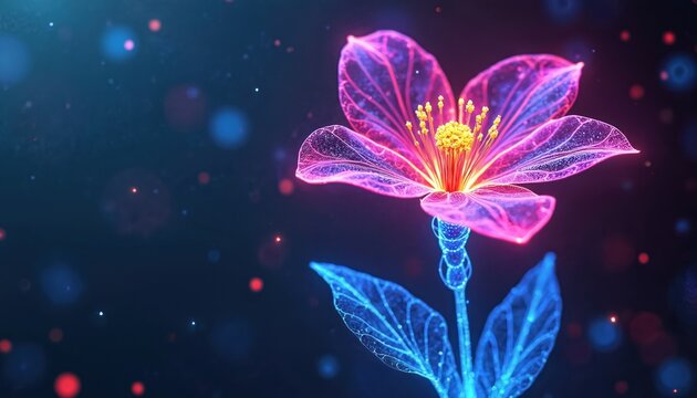 Futuristic flower with neon glowing petals and wireframe stem. Digital art combines tech and nature, creating vibrant holographic effect. Abstract design blooms in dark space with light particles.