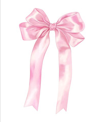 Watercolor thin light pink long tail ribbon bow clipart white background highresolution professional photograph and hyperdetailed illustration no signatu