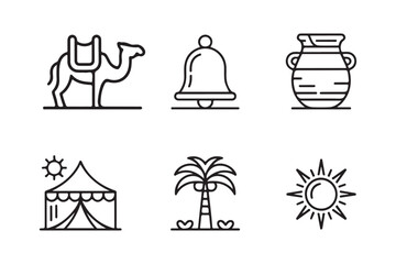 Desert oasis and caravan icons set