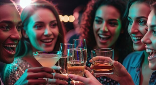 Five Radiant Women Enjoying a Lively Night Out, Clinking Glasses and Celebrating with Drinks, Laughter, and Friendship - Powered by Adobe