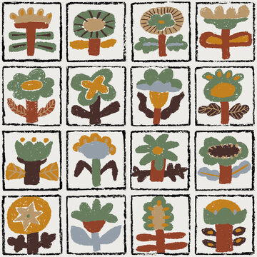 Seamless folk botanical pattern. Hand-drawn textured flowers inside rustic tiles. Cute earthy design with retro charm. Vector illustration.