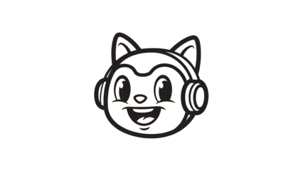 Cute digital illustration of a smiling cartoon cat wearing large headphones, outlined in bold clean lines, presented as a minimalist character logo with a playful modern aesthetic