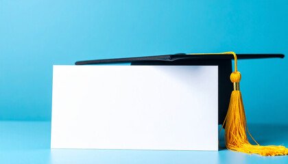 White banner with graduation cap, copy space, greeting card or announcement style. Mock-up.