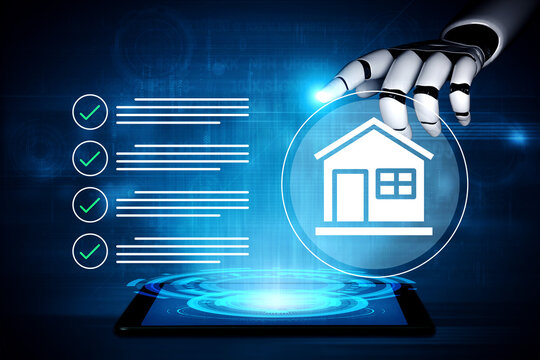 A robotic hand hovers above a tablet screen showcasing a smart home icon and a checklist, symbolizing innovation in technology and real estate automation. Gantry