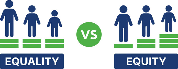 equality, equity, concept, illustration, difference, comparison, social justice, fairness, opportunity, people, figures, icons, steps, boxes, vs, versus, debate, choice, social issues, diversity, incl