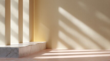 Obraz premium Soft Natural Light and Shadows Creating Minimalist Interior Space with Textured Walls and Marble Surface