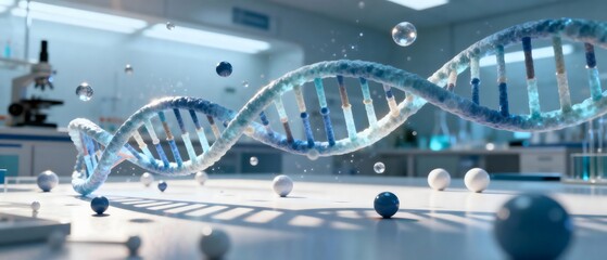 Glowing Blue DNA Double Helix in Modern Lab