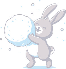 A gray cartoon rabbit carrying a large snowball with small snow particles around it on white background