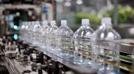 Medium shot of optical sensors analyzing transparent plastic bottles moving along a conveyor belt in a recycling facility.