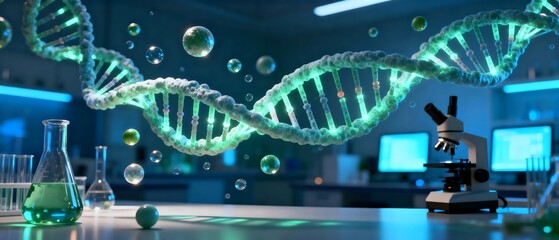 Futuristic Lab with Glowing DNA Helix