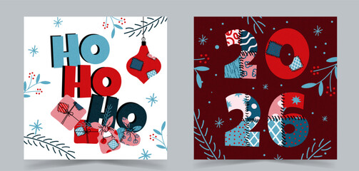 Festive holiday illustration set featuring patchwork &ldquo;Ho Ho Ho&rdquo; lettering and decorative 2026 numbers with winter branches, berries and ornaments. Modern Christmas and New Year design for seasonal car