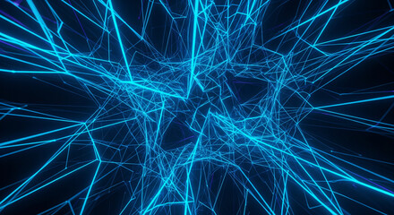 Abstract Neon Blue Polygonal Wireframe Network Over Dark Background Tech
A vibrant, abstract visualization of a complex, interconnected polygonal network or wireframe structure rendered 