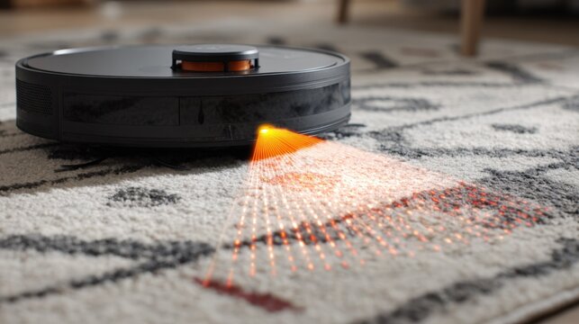 Closeup of a robotic carpet cleaner with sensors actively identifying dirt spots on a textured rug demonstrating smart autonomous cleaning technology.