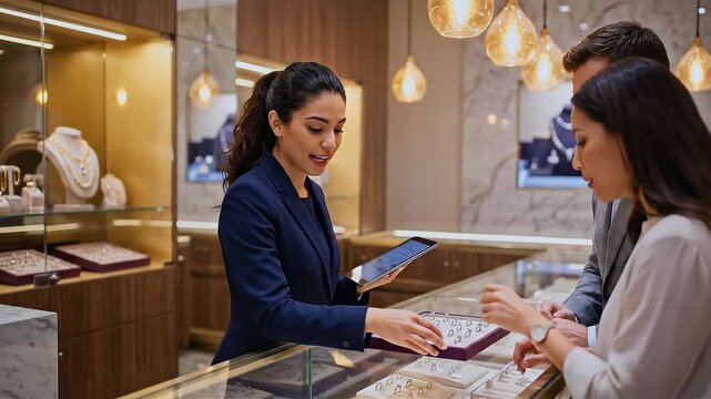Choosing jewelry in a store, a jewelry store employee, holding a tablet, helps customers choose gifts, providing information about the price and manufacturer of jewelry, sales season