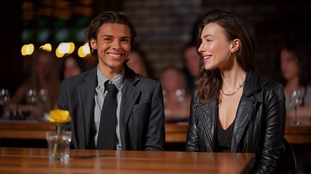 man and a woman are sitting at a table in a cafe, smiling and talking to each other, a couple's first date after meeting on speed dating, the camera is handheld and slowly moves away from the models