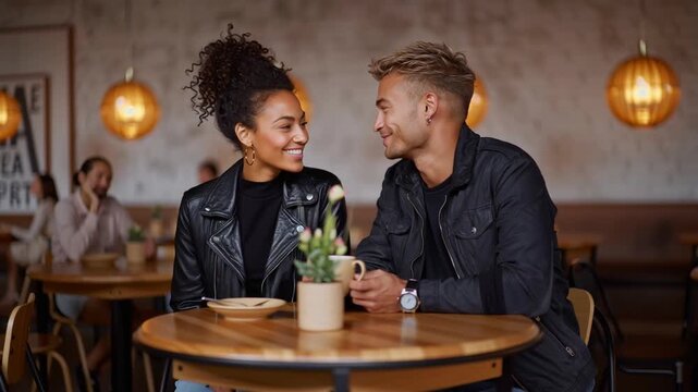 Lovers on a date in a cafe, couple meeting after meeting on speed dating, valentine's Day footage. The camera zooms out from the beautiful couple