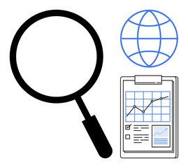 Magnifying glass highlighting inquiry, globe symbolizing global reach, and clipboard with data chart for analytics. Ideal for research, data, statistics, global business, progress, discovery