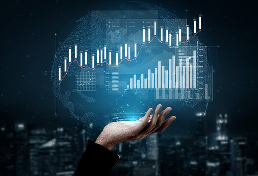 A hand extends towards a futuristic digital interface displaying interactive financial data trends, showcasing the intersection of technology and financial growth. Scalp - Powered by Adobe