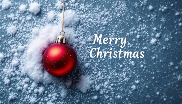 Red Christmas ornament on snow background with "Merry Christmas" text – Merry Christmas greeting card 