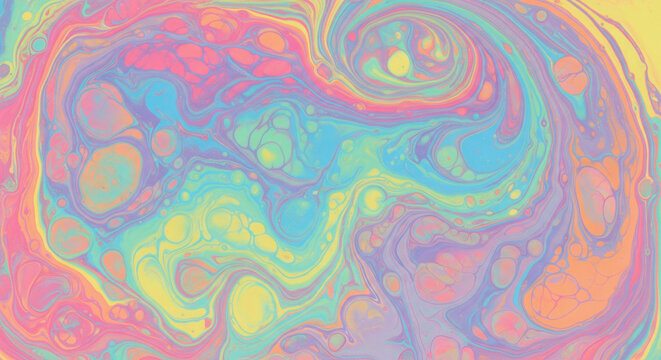 Psychedelic abstract pastel paint swirl and liquid marble pattern.
Hypnotic and vibrant abstract background created by the fluid movement of paint, resulting in a pastel liquid marbling or swirl effec
