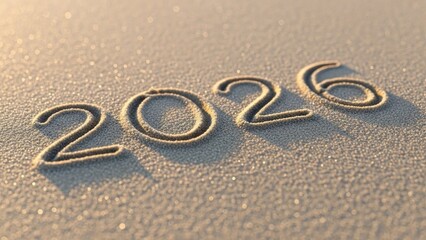 The year 2026 written in sand on a beach with natural light and shadows.