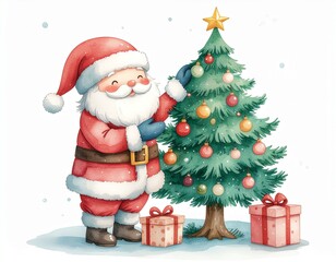 Watercolor kawaii illustration of Santa Claus decorating a Christmas tree soft pastel tones gentle color bleeds