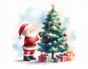 Watercolor kawaii illustration of Santa Claus decorating a Christmas tree
