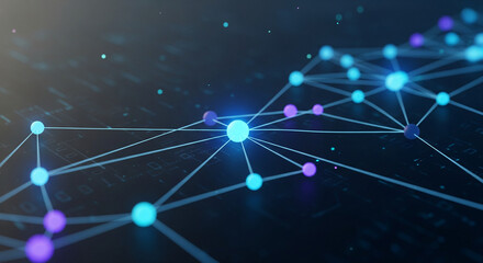 Futuristic network connection with glowing digital nodes on dark background.
Close-up abstract visualization of an interconnected digital network structure, featuring luminous blue and magenta spheres