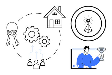 Keys with house, interconnected gears for teamwork, people arrows for growth, eye in a pyramid as vision, and person with trophy for achievement. Ideal for business strategy, leadership, growth