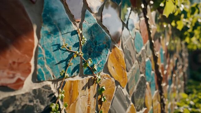Textured mosaic stone wall surface with green vine growth outdoors sunlight