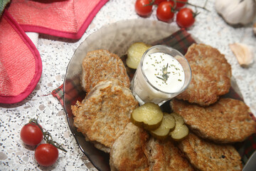 healthy breakfast with potatoes pancakes draniki and vegetables