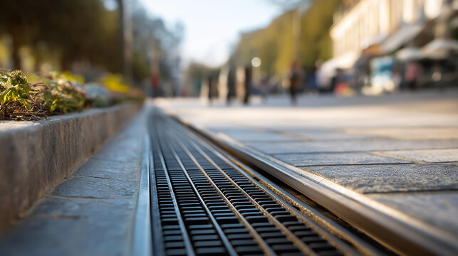 Close Up of Ventilation Louvers Embedded in a Sidewalk Wall No People Visible Showing How Air Systems Blend into Streetscape Design hard daylight deep shadows no readable