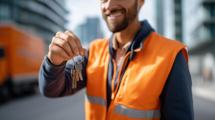 Close Up of a Courier Hand Holding a Keyring and Opening a Service Gate to a Delivery Area No Face Visible Showing Behind the Scenes Access Routes defocused corridor