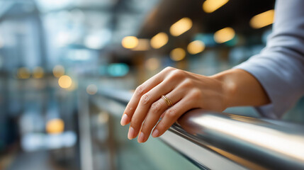 Close Up of a Hand Resting on a Smooth Handrail with Soft Reflections No People Visible Showing Comfort and Safety in Accessible Design Details macro defocused background