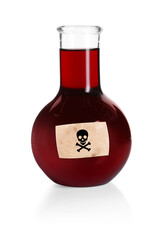 Naklejka premium Poison in flask isolated on white. Laboratory glassware with skull and crossbones label