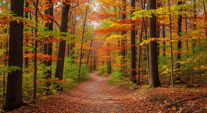 Winding Dirt Path Through a Colorful Autumn Forest Landscape
A picturesque view of a winding dirt path or trail leading through a dense forest in the peak of autumn