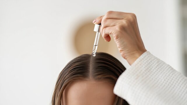 Targeted scalp serum application with dropper on hair part, soothing peptide tonic for healthy roots, hair wellness ritual, cooling treatment for itchy scalp, hairline care, routine, daily