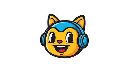 Vibrant digital illustration of a cheerful cartoon cat wearing bright blue headphones, featuring...