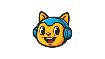 Vibrant digital illustration of a cheerful cartoon cat wearing bright blue headphones, featuring bold outlines, expressive eyes, and a playful modern mascot style on a clean black background