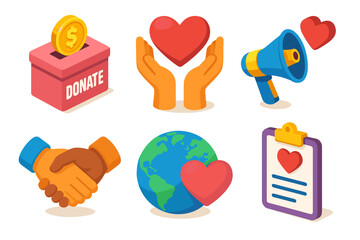 Pixel Art Icons Representing Charity Donation Love Support Global Awareness Handshake And Bulletin Board With Heart Symbol On Black Background