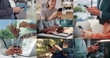 Hands, typing and people with cellphone, composite and digital app for communication. Closeup, mobile user and smartphone with social media, scroll and connection with network, website info or email - Powered by Adobe