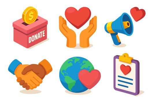 Pixel Art Icons Representing Charity Donation Love Support Global Awareness Handshake And Bulletin Board With Heart Symbol On Black Background