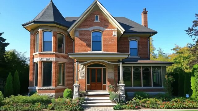 Victorian-style brick house with a turret and lush garden.