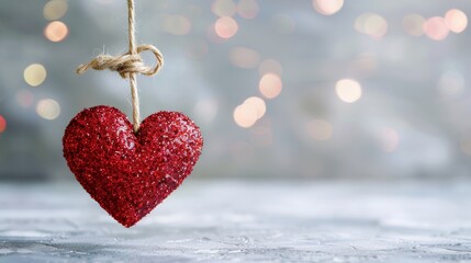 Red glitter heart on twine with warm bokeh lights for a romantic valentine s day atmosphere